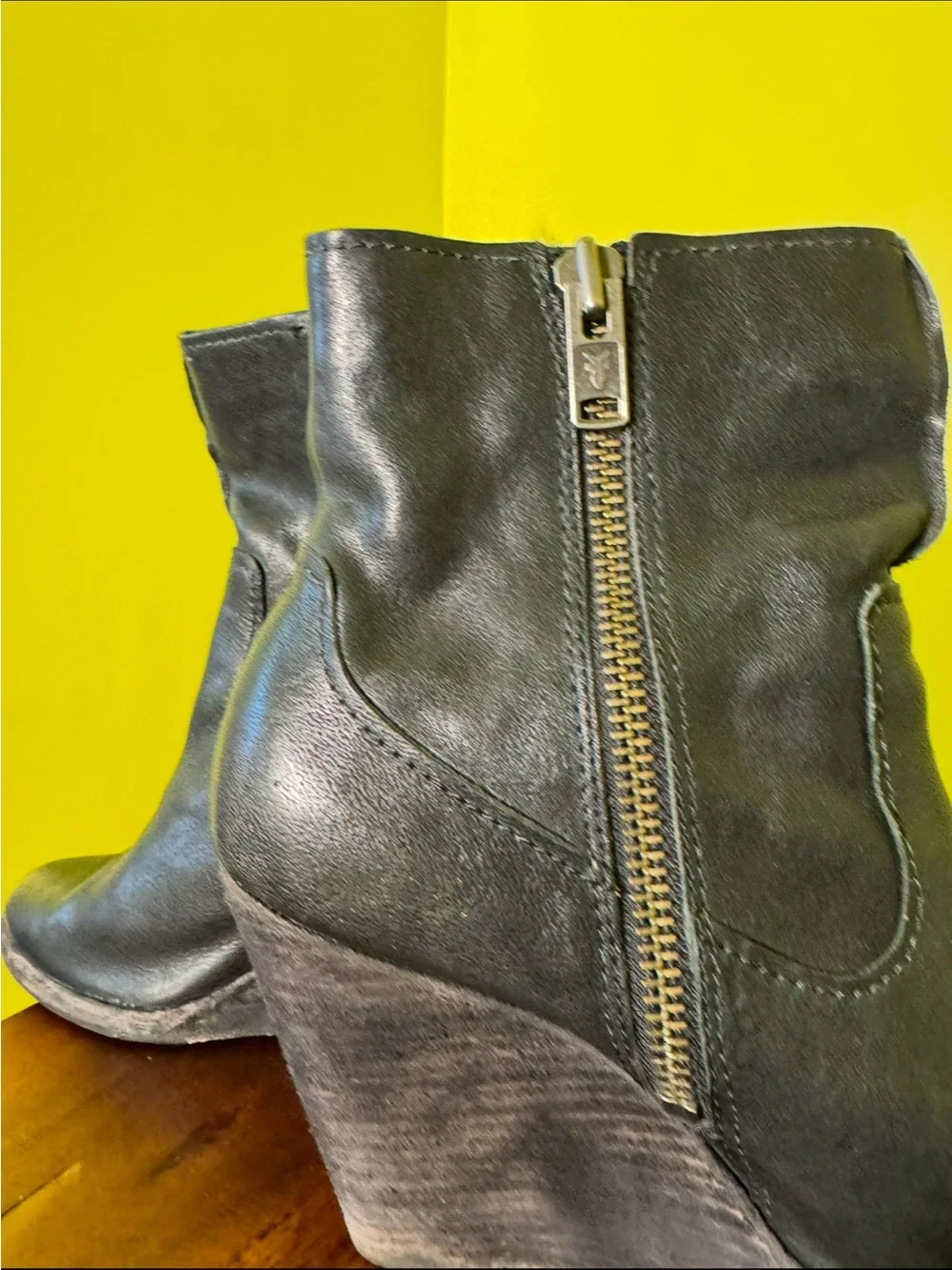 Frye Black Leather Wedge Ankle Boots